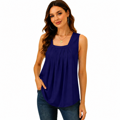 Special Sale🩷Summer Tank Tops for Women Loose Fit Pleated Square Neck Sleeveless Tops Curved Hem Flowy