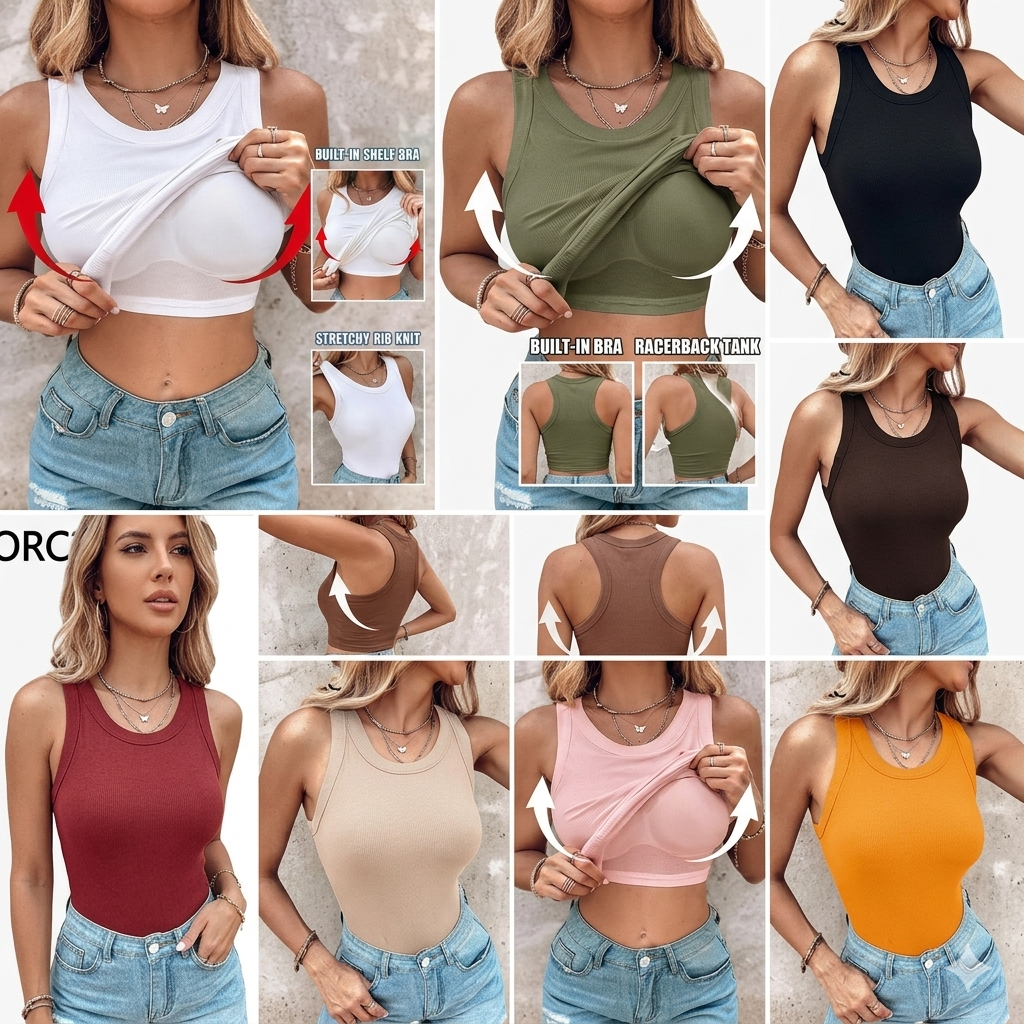 🔥Weekly Discount🍀 Soft Ribbed Round Neck Tank with Built-in Bra for Daily Casual Wear