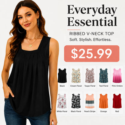 Special Sale🩷Summer Tank Tops for Women Loose Fit Pleated Square Neck Sleeveless Tops Curved Hem Flowy
