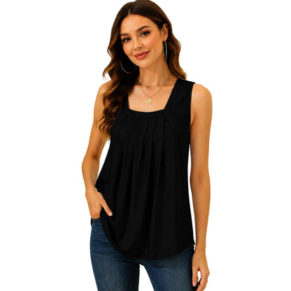 Special Sale🩷Summer Tank Tops for Women Loose Fit Pleated Square Neck Sleeveless Tops Curved Hem Flowy