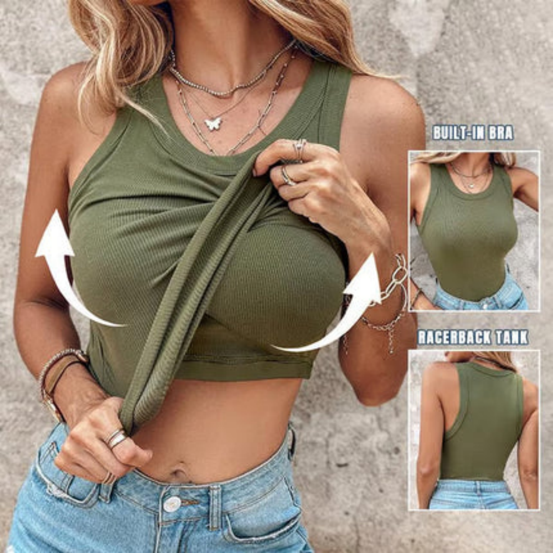 🔥Weekly Discount🍀 Soft Ribbed Round Neck Tank with Built-in Bra for Daily Casual Wear