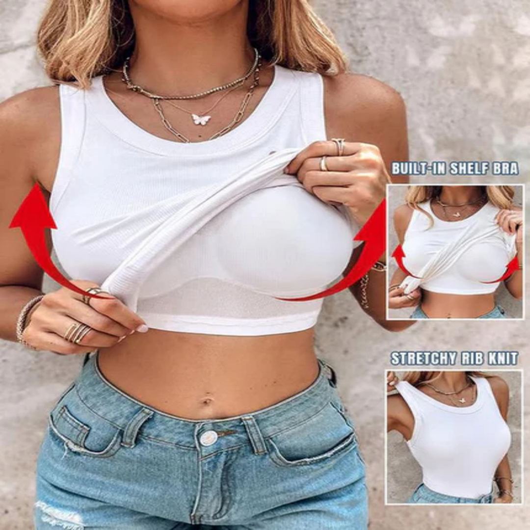 🔥Weekly Discount🍀 Soft Ribbed Round Neck Tank with Built-in Bra for Daily Casual Wear