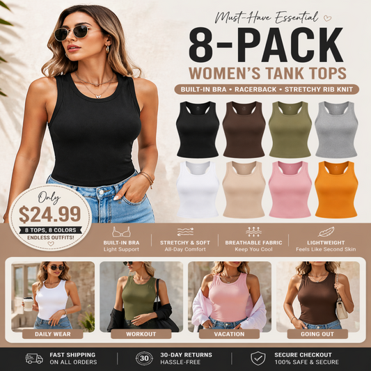 🔥Weekly Discount🍀 Soft Ribbed Round Neck Tank with Built-in Bra for Daily Casual Wear