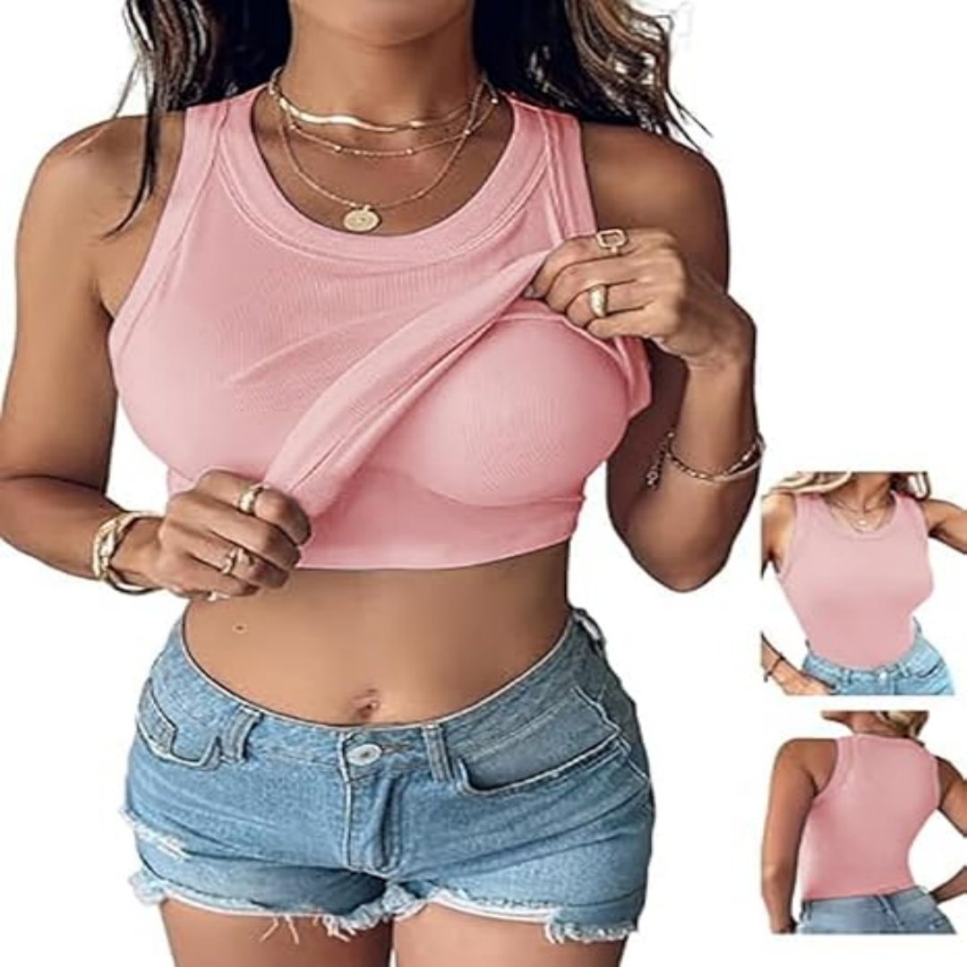 🔥Weekly Discount🍀 Soft Ribbed Round Neck Tank with Built-in Bra for Daily Casual Wear