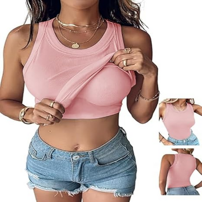 🔥Weekly Discount🍀 Soft Ribbed Round Neck Tank with Built-in Bra for Daily Casual Wear